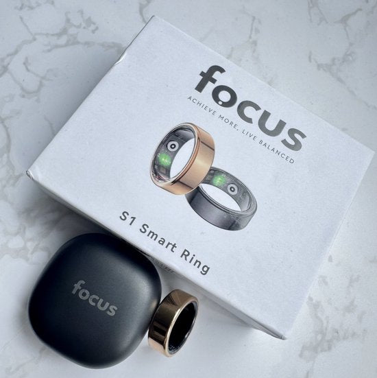 Focus® S1 Smart Ring - Or - Taille 10 - Fréquence cardiaque - Cycle menstruel - Moniteur de sommeil - Anneau intelligent - Performance sportive - Podomètre - Étanchéité IP68 - Mesure de l'O2 - Femmes - Hommes - Wearables - Étui de chargement - anneau de p