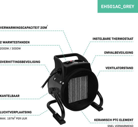 VONROC Chauffage électrique - Jet heater - ventilateur - céramique - 3 réglages : 1000W/2000W/ventilateur - pour des pièces jusqu'à 20m2 - gris