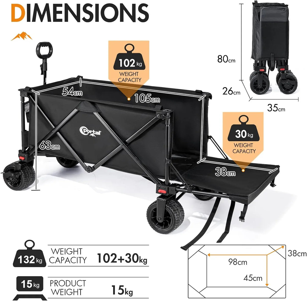 Portal 21813 Chariot pliable - Jusqu'à 300 L - 105 × 54 × 63 cm - Noir