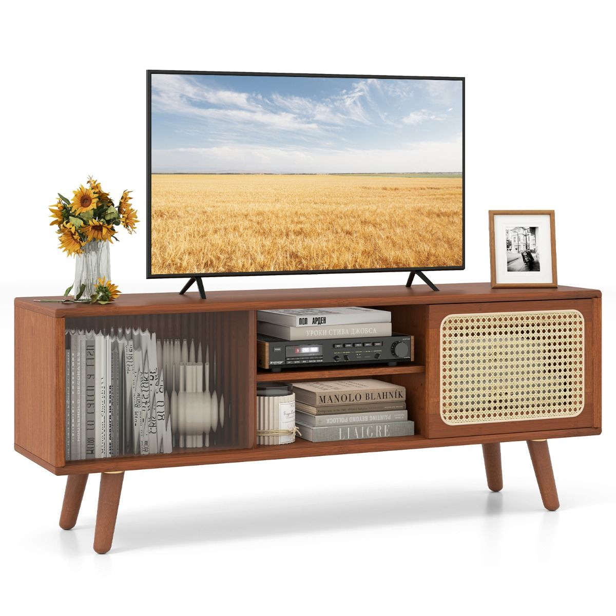 Meuble TV Coast - bambou avec porte coulissante en osier et verre - étagère réglable - marron - 120,5 x 31 x 45,5 cm