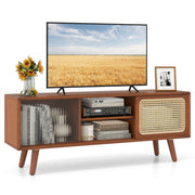 Meuble TV Coast - bambou avec porte coulissante en osier et verre - étagère réglable - marron - 120,5 x 31 x 45,5 cm