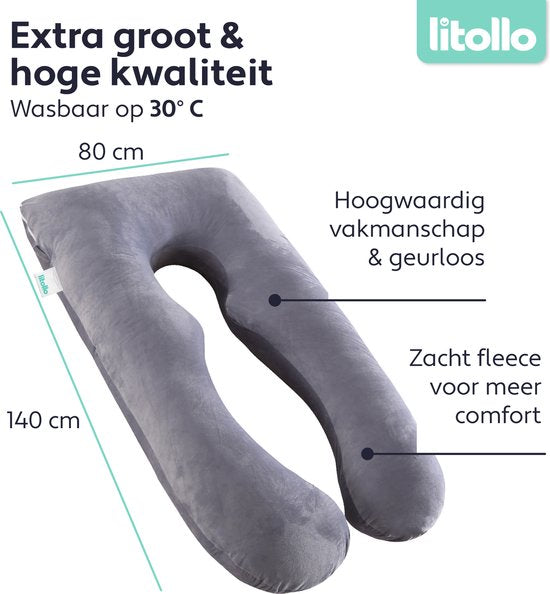 Oreiller de grossesse Litollo® XXL | Oreiller d'allaitement | Oreiller de corps | 280 cm | Tissu polaire doux | Housse amovible | Gris