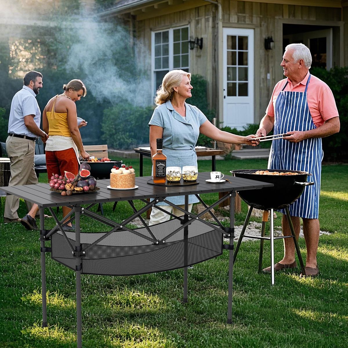 Table de camping pliable Coast - Plateau en aluminium enroulable - Avec panier en filet - Noir 119 x 56 cm
