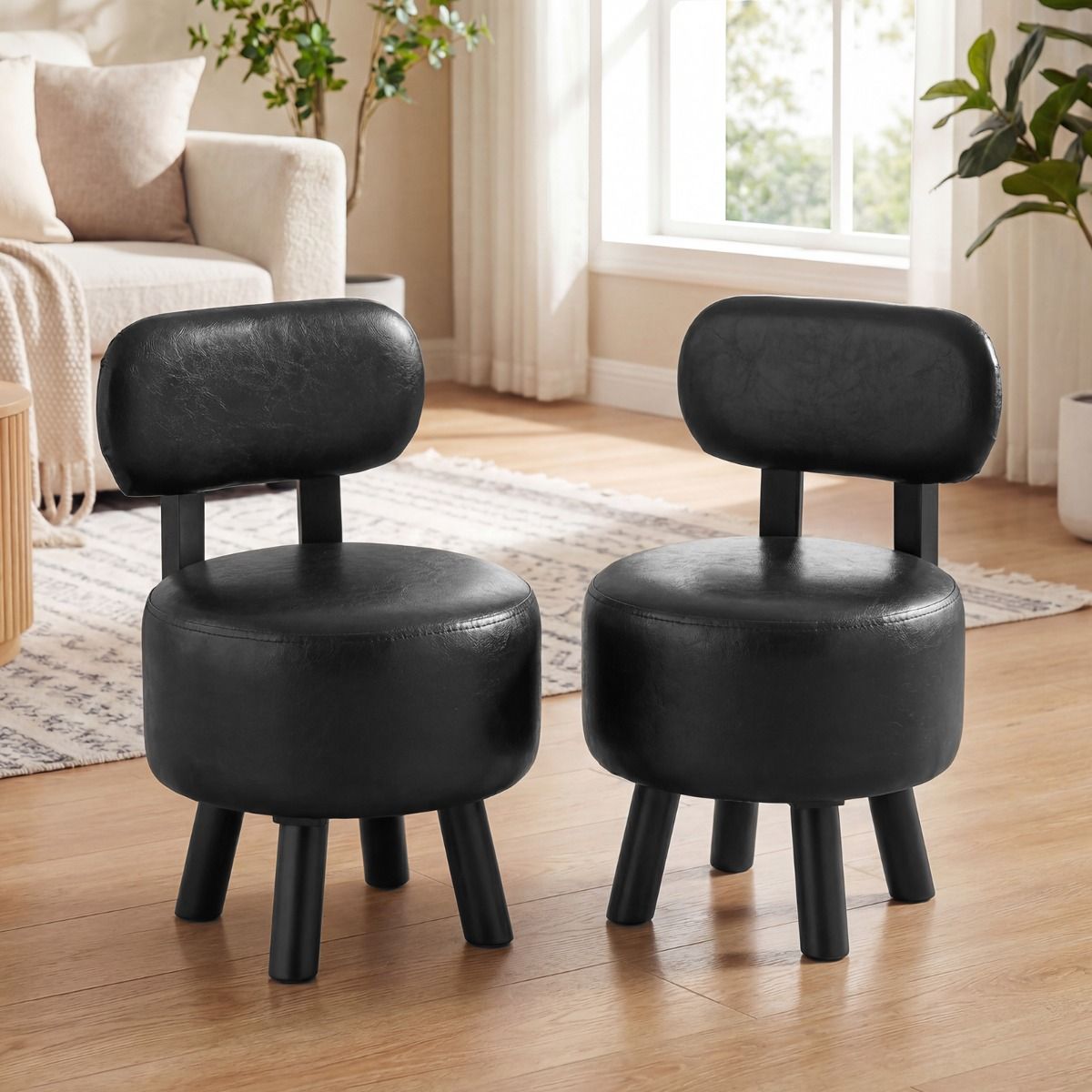 Pouf Coast avec dossier - pouf rembourré - simili cuir - noir - lot de 2