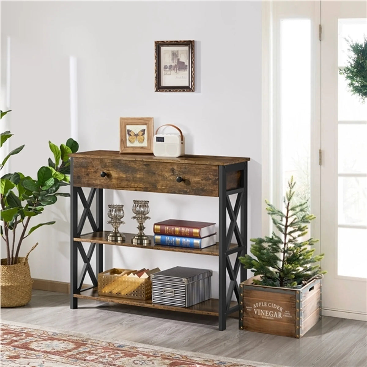 Yaheetech : petite console avec tiroir et 2 étagères - 80 x 29,5 x 81 cm - Brun rouille