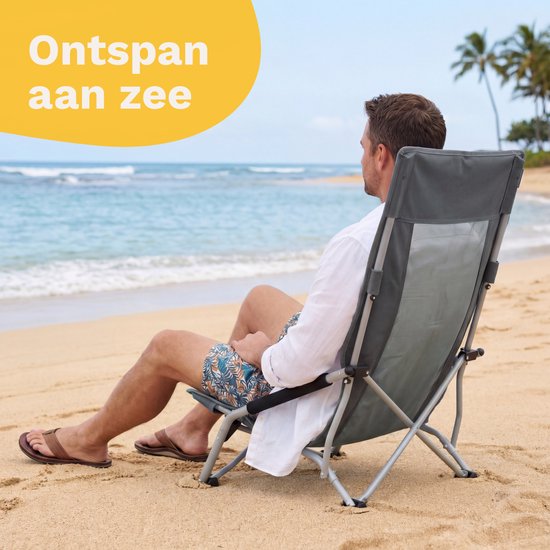 TRVLMORE Chaise de plage - pliable et démontable - capacité de charge de 130 kg - légère - avec sac de transport et porte-gobelet - dossier haut - gris