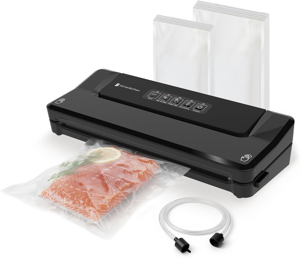 KitchenBrothers Vacuum machine Essential - Machine à emballer sous vide 4,5 L/min - 4 supports - 40 sacs de mise sous vide sans PFAS et tuyau de mise sous vide inclus - Noir