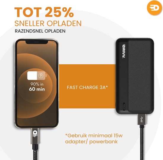 Drivv. Câble USB vers USB C - Chargeur rapide - Câble de données et de charge USB C - Court - 1 mètre - Convient à Samsung, iPhone 15 et autres - Gris moderne