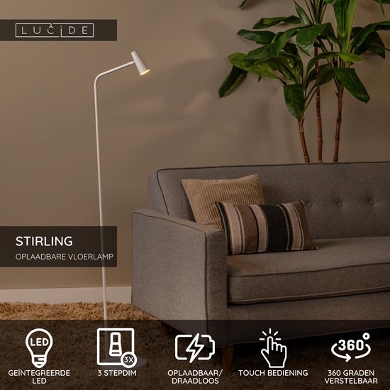 Lucide STIRLING - Lampadaire rechargeable - Batterie - LED à 3 niveaux de réglage de l'intensité - 1x3 W 2700 K - Blanc