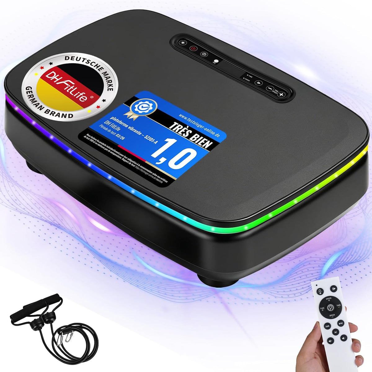 Plateforme vibrante DH FitLife – 99 niveaux de vitesse, Bluetooth, éclairage LED et bandes de résistance – Noir