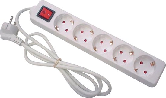 Multiprise Perel avec interrupteur, 5 prises avec mise à la terre (type F), câble de 1,5 m, 3G1,5, usage intérieur, blanc