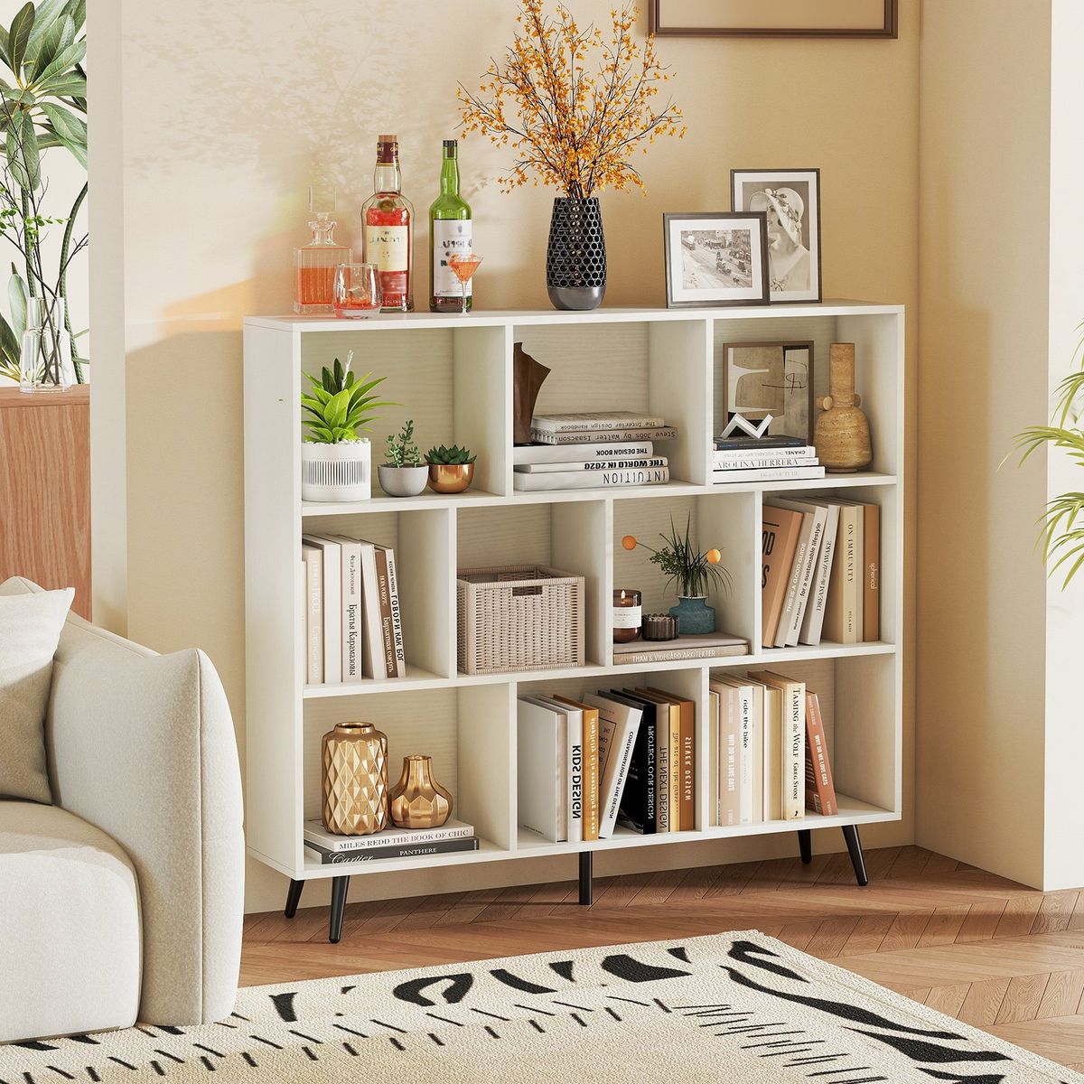 Bibliothèque Coast à compartiments - meuble sur pied - 3 niveaux - blanc et noir - 120 x 24 x 107 cm