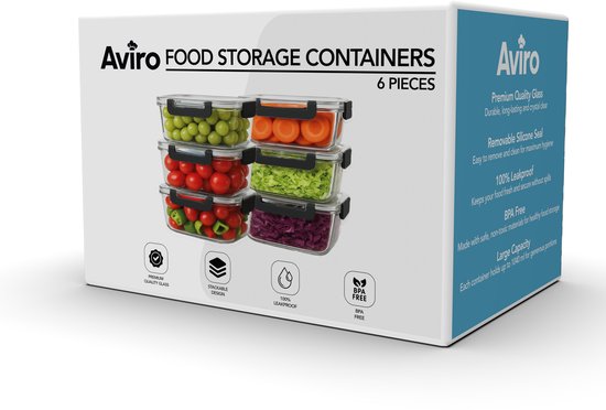 Boîtes de conservation en verre Aviro - 6 pièces - Boîtes pour la préparation des repas - Adaptées au congélateur, au micro-ondes et au four - Sans BPA - Hermétiques - 1 L