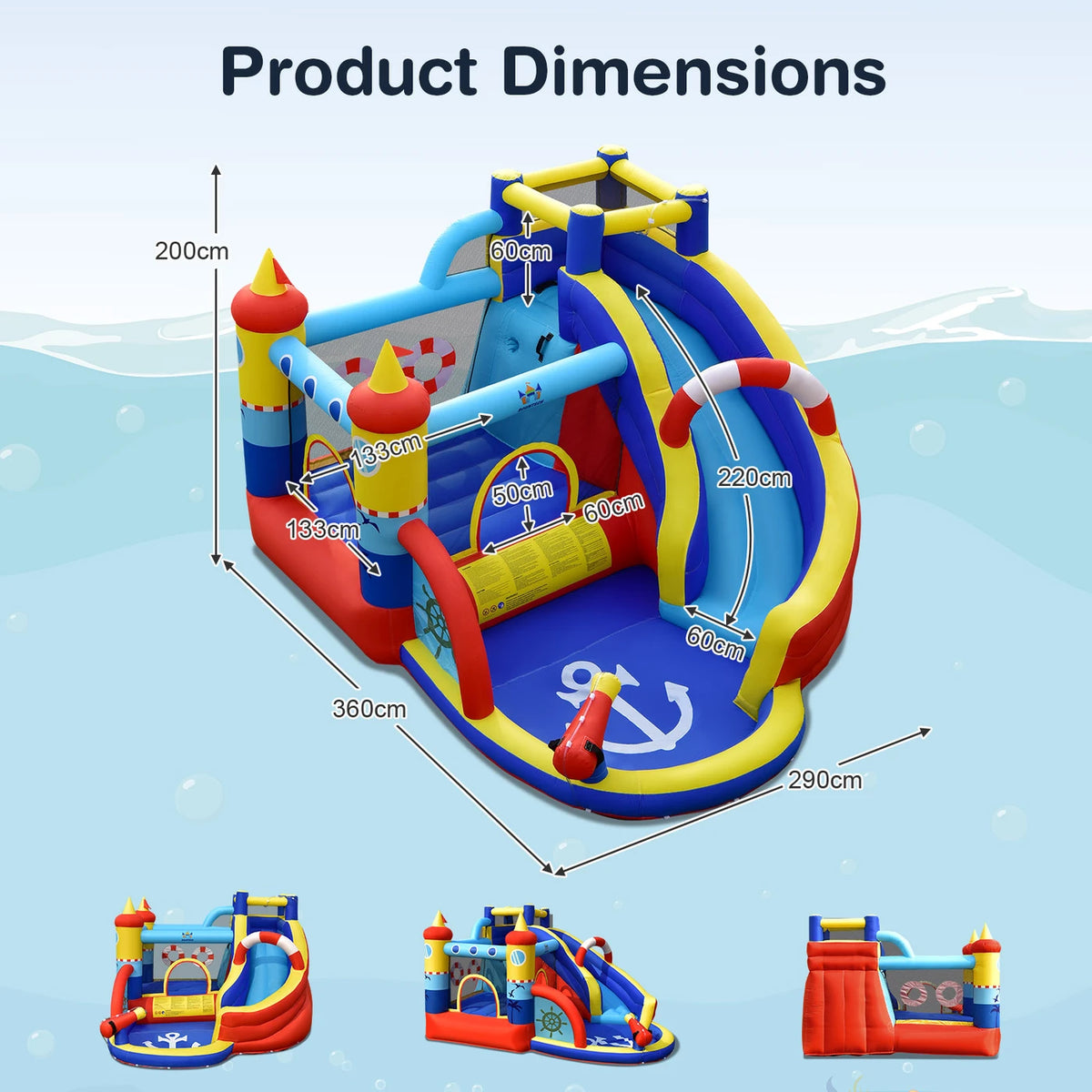 Château gonflable Costway avec soufflerie de 550 W, parc aquatique 6 en 1, comprenant un toboggan, une piscine et un canon à eau