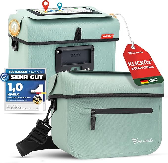 MIVELO - Sacoche de guidon compatible Klickfix - 100% étanche et pochette téléphone amovible - Polyester - Mint