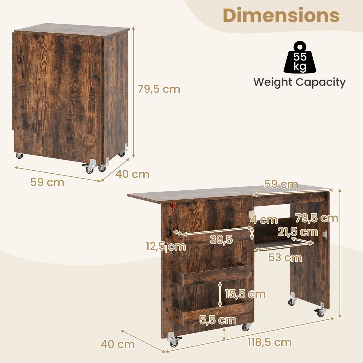 Table de couture pliable Coast - Station de loisirs créatifs mobile - Avec étagère et compartiments de rangement cachés - Vert 118,5 x 40 x 79,5 cm
