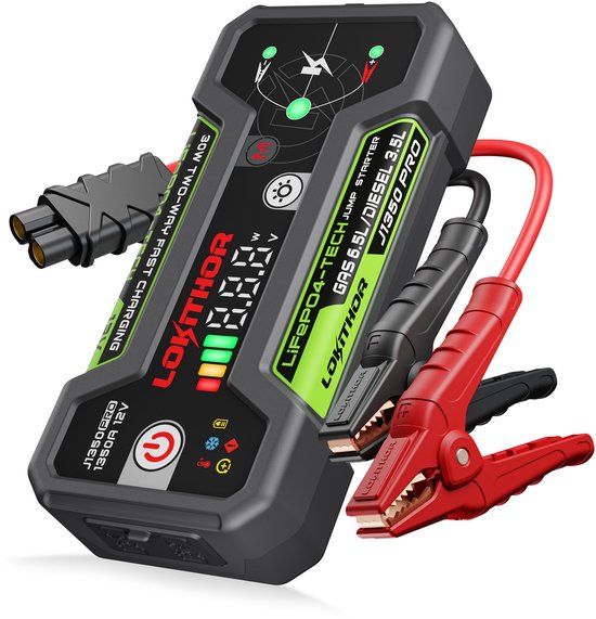 Lokithor Jumpstarter J1350 PRO - 12 V 1 350 A LiFePO4 - Batterie externe 30 W - Pour voiture, essence jusqu'à 6,5 L et diesel jusqu'à 3,5 L - Lampe de poche LED