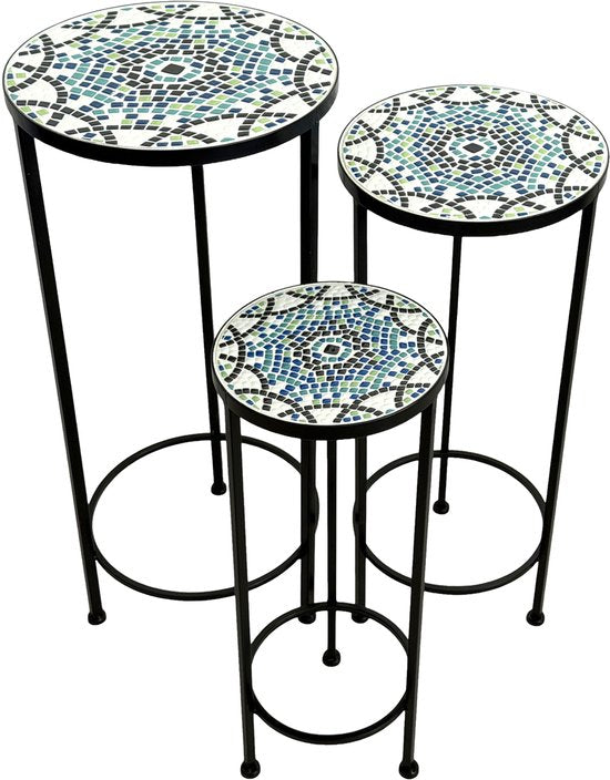 AXI Lola Table ronde pour plantes en mosaïque multicolore - Lot de 3 pièces – Tables d'appoint – Différentes dimensions – Aspect mosaïque – Incrustée de carreaux de céramique – Pour l'intérieur, le jardin, la terrasse et le balcon