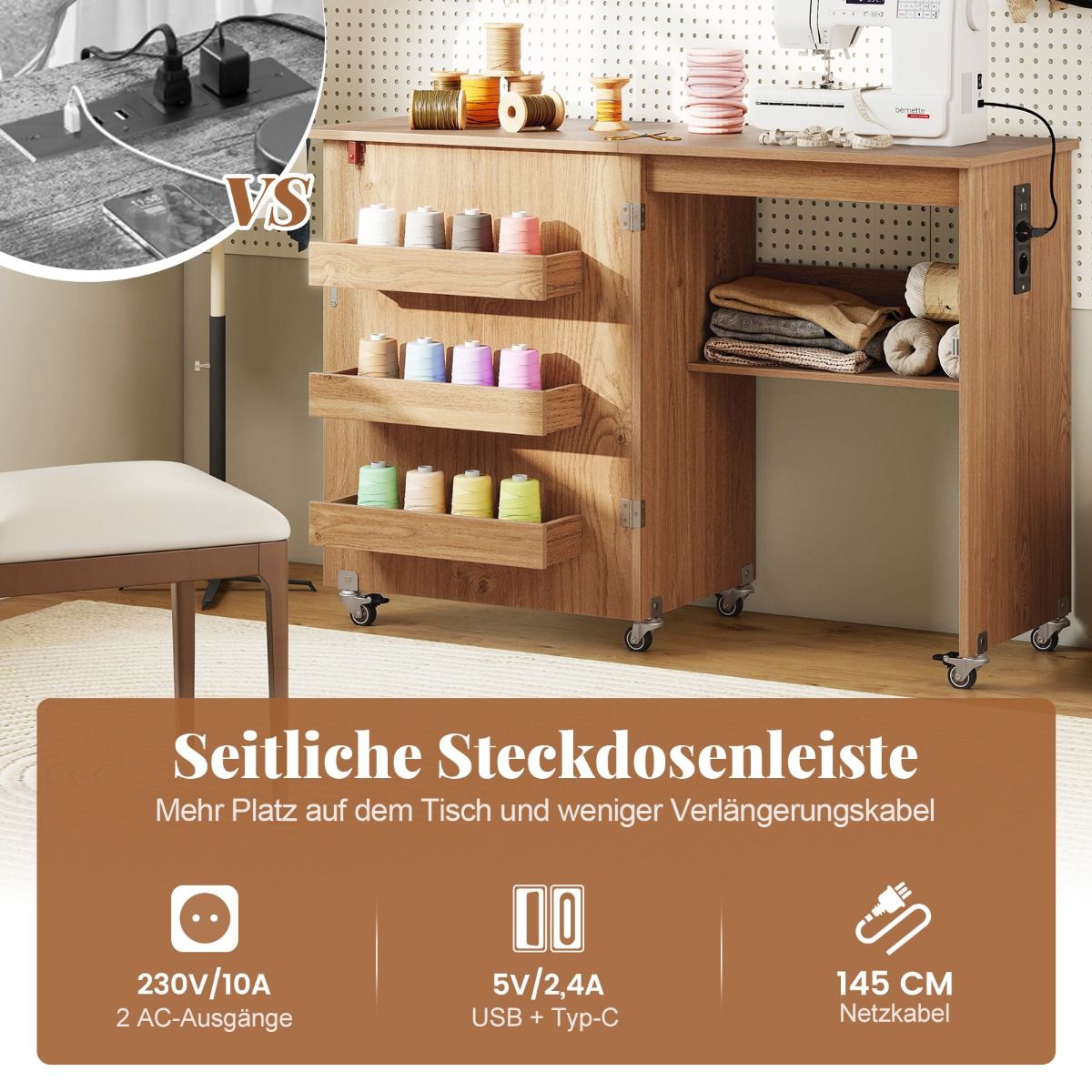 Meuble de couture pliable Coast - 2 en 1 avec station de recharge et étagères de rangement - couleur naturelle