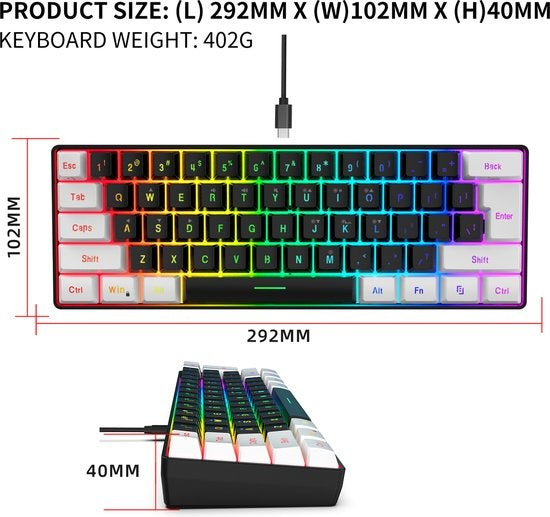 HXSJ V700 RGB Clavier de jeu compact Qwerty 61 touches Effet rétroéclairé Noir/Blanc