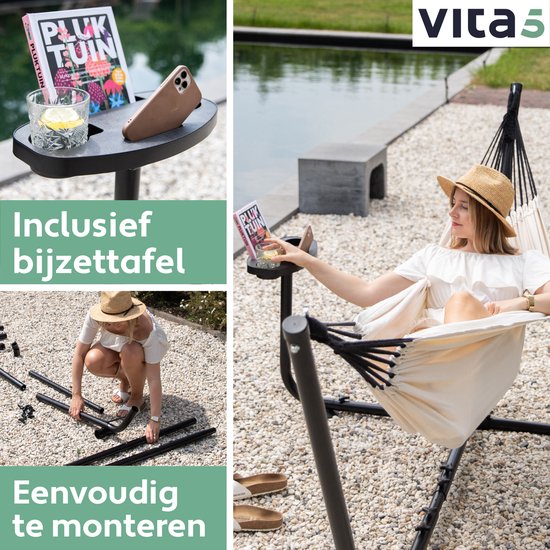 Hamac Vita5 avec support - 2 personnes - Porte-gobelet inclus - 205kg de poids - Beige/White