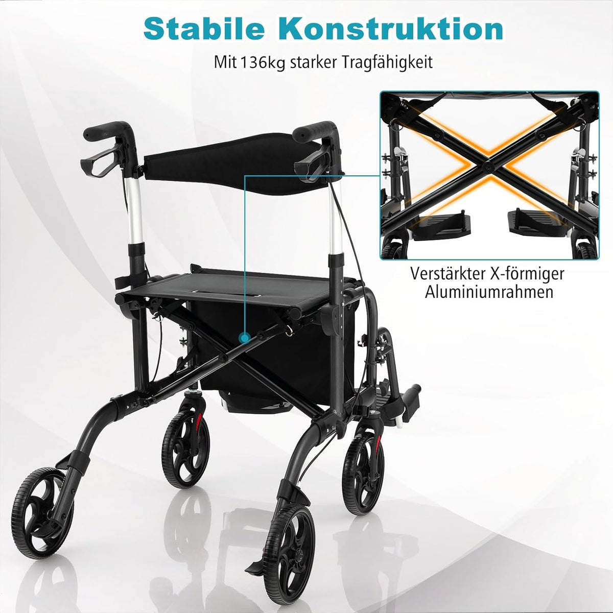 Déambulateur pliable Coast - Multifonctionnel - Hauteur réglable - Avec support pour sac et bâton - Noir