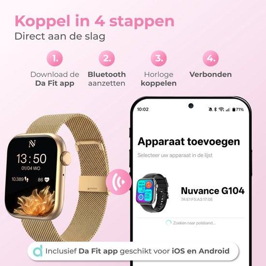 Montre connectée Nuvance pour femme - Montre podomètre pour femme - Cardiofréquencemètre - Montre de sport - Compatible iOS/Android - Écran AMOLED - 5 bracelets inclus - Couleur or