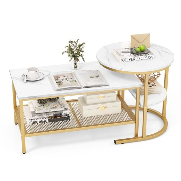 Coast Set de 2 tables d'appoint - Tables basses avec structure en métal doré - Max. 50KG - Or/Blanc