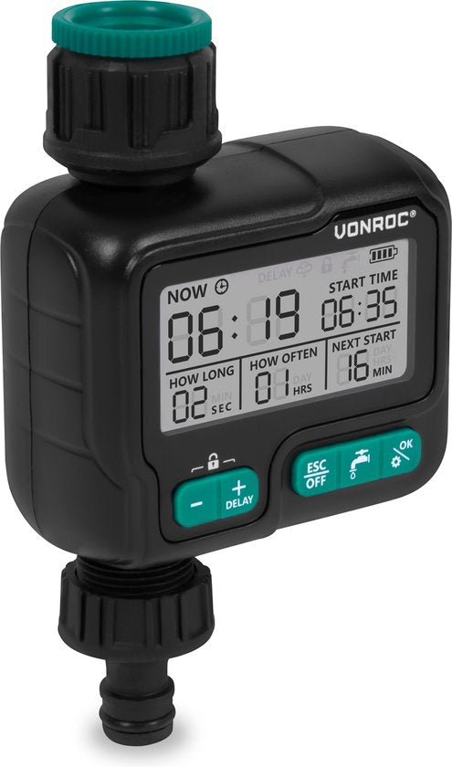 VONROC Water timer - Ordinateur d'arrosage - digital - système d'irrigation automatique - intervalle et durée largement réglables : 1h à 15 jours/ 1sec à 99min - résistant à l'eau IPX5