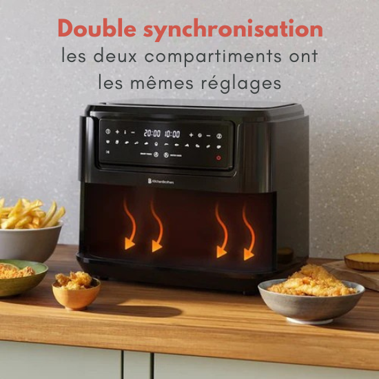 Airfryer XXL  - KitchenBrothers - 9L - 2400W - Séparateur Snack - 10 Programmes de cuisson - 50ºC à 200ºC - Noir