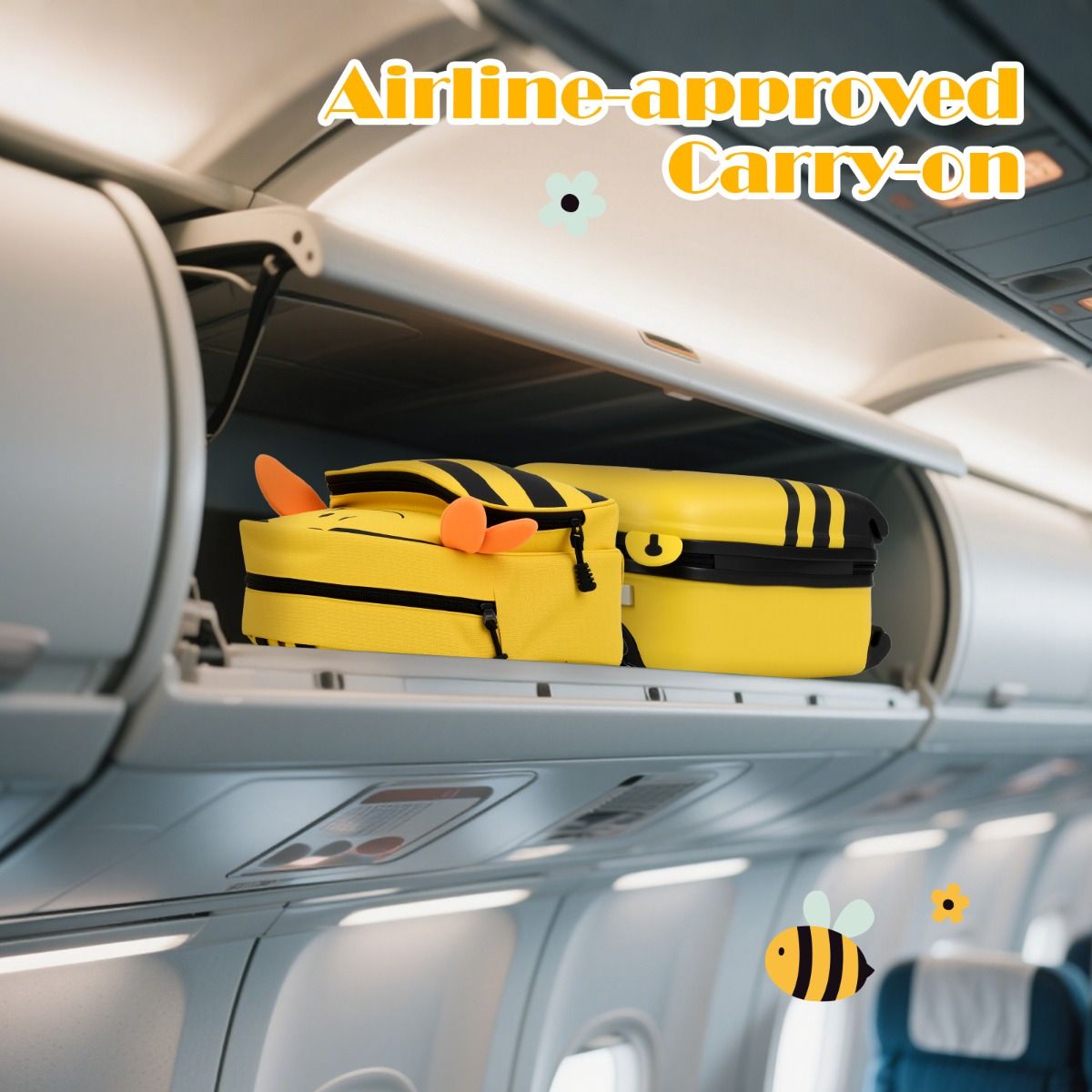 Ensemble valise et sac à dos pour enfant Coast - Thème des abeilles - Avec roulettes et cordon anti-perte - Jaune