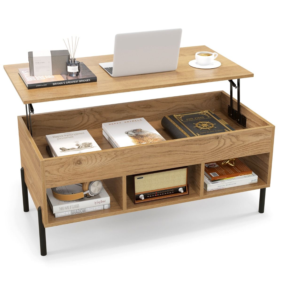 Table basse réglable Coast avec plateau relevable et 3 compartiments ouverts - 104,5 x 49 x 62,5 cm - coloris naturel