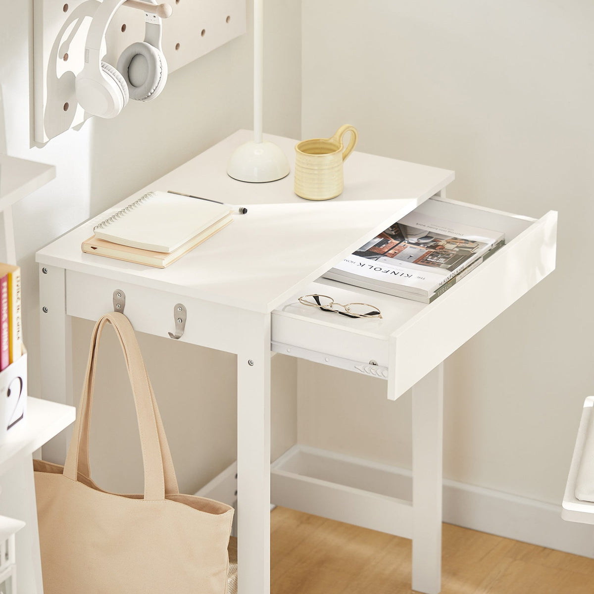 Laodikya Home bureau met een lade en 2 haken, computerbureau, Wit