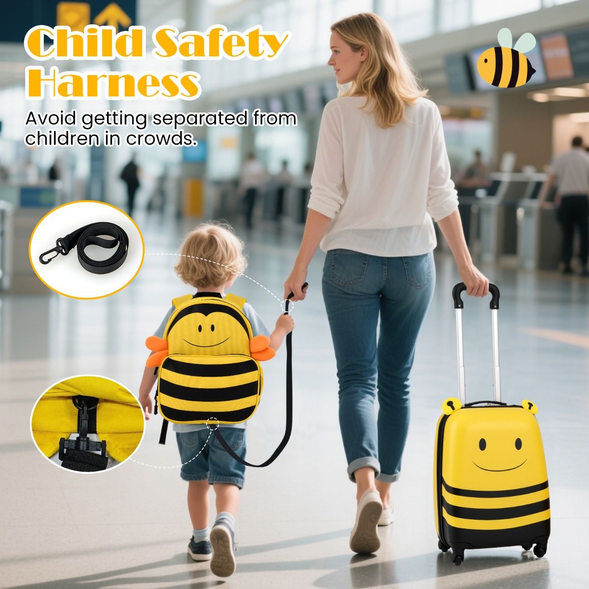 Ensemble valise et sac à dos pour enfant Coast - Thème des abeilles - Avec roulettes et cordon anti-perte - Jaune