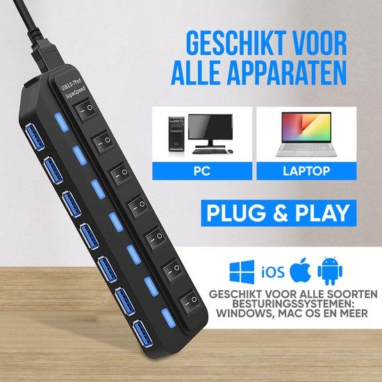 Strex USB 3.0 Hub - Répartiteur USB - 7 ports - 5Gbps - Indication LED - Interrupteur marche/arrêt - Câble 100CM