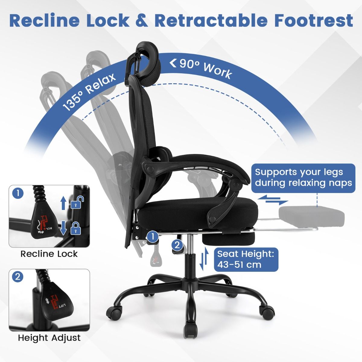 Chaise de bureau ergonomique Coast - dossier et appui-tête réglables - repose-pieds rétractable - noir
