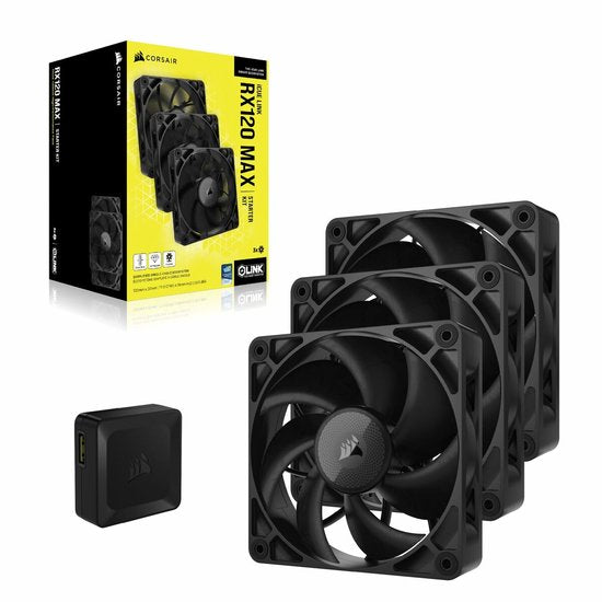 Kit de démarrage Corsair iCUE LINK RX120 MAX PWM Thick Fans - Lot de 3 ventilateurs - 120 mm - 71,28 cfm - 400 - 2 000 tr/min - 10 - 29,5 dBA - Avec hub système iCUE LINK - noir