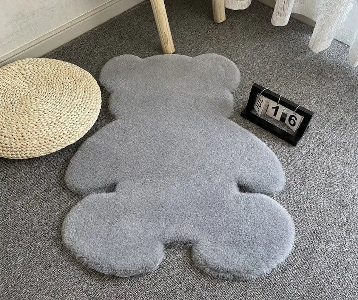 Tapis de sol en forme d'ours, motif fourrure de lapin - Gris - 70 x 90 cm - Antidérapant