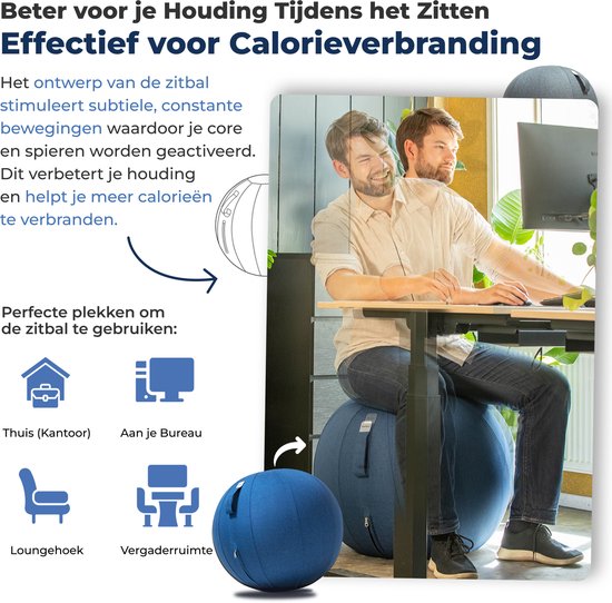 Ballon de siège Backerz 55 cm - Ballons de siège avec housse en lin - Chaise de bureau ergonomique pour le bureau et la maison - Ballon de yoga de luxe - Bleu foncé