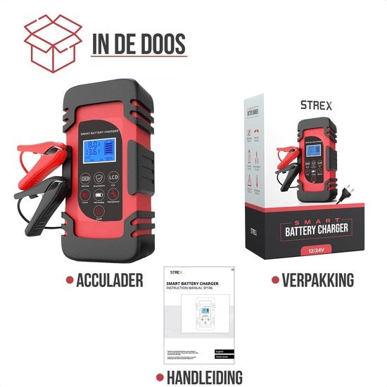 Chargeur de batterie Strex 12/24V - 4/6/8A, charge de maintien et mode réparation - Pour voiture, moto, scooter, bateau et camping-car