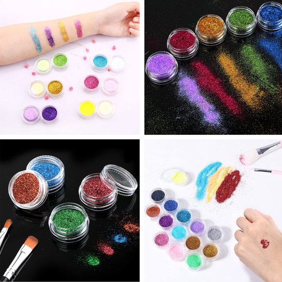 Partizzle Set complet de tatouages pailletés - Filles / Garçons - Gabarits de maquillage, colle et pinceaux - Kit d'artisanat pour faux tatouages au néon - Cadeau de carnaval pour les enfants - 24 couleurs / Biodégradable