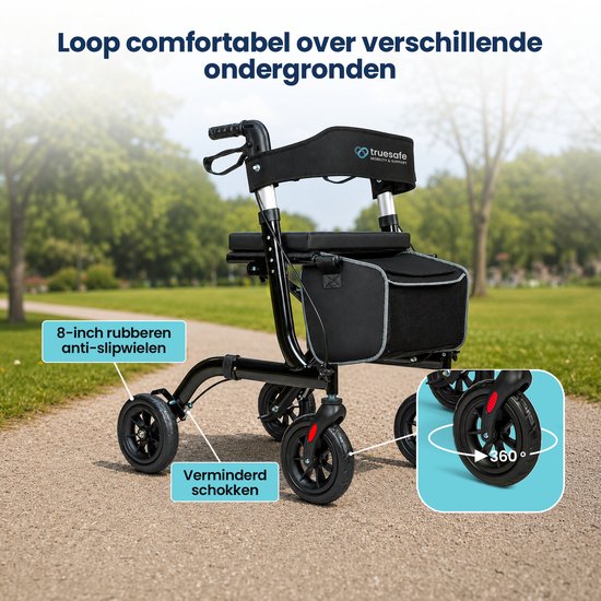 Rollator TrueSafe léger et pliable (6,9 kg) - Pour l'intérieur et l'extérieur - Avec coussin d'assise ergonomique, éclairage, dossier, support pour canne et bien plus encore - Noir