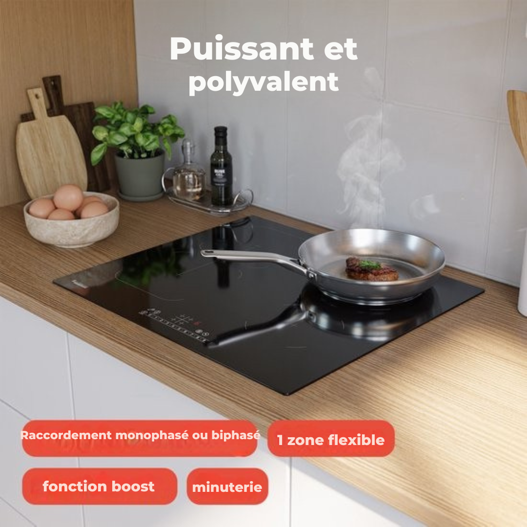 Plaque de cuisson à induction KitchenBrothers  - Plaque de cuisson à induction autoportante - 60 cm - 4 zones - 1x Flexzone - 1 phase - Jusqu'à 3500W - Argent/RVS