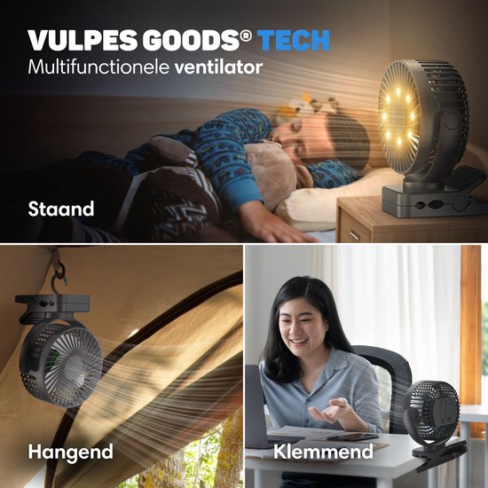 Vulpes Goods® Tech - Mini ventilateur USB PRO - Ventilateur de table rechargeable - Mini ventilateur silencieux avec télécommande - Ventilateur de poche - Petit, silencieux et sans bruit - 3 vitesses et éclairage - 12000 mAh et fonction Powerbank - Noir P