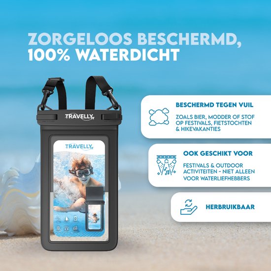 Travelly® Waterproof Phone Case With Extra Storage Compartment - Universal Underwater Case for Smartphone - Convient à tous les téléphones - Drybag - Pour les vacances, la natation et les sports nautiques - Noir