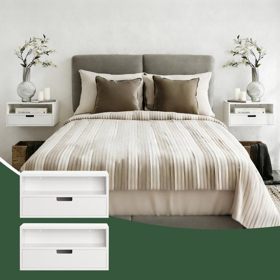 SoBuy Set de 2 tables de nuit flottantes - Table d'appoint suspendue - Meuble haut - Etagère murale avec 1 tiroir - Blanc, 45x25x22 cm, NKD03-Wx2