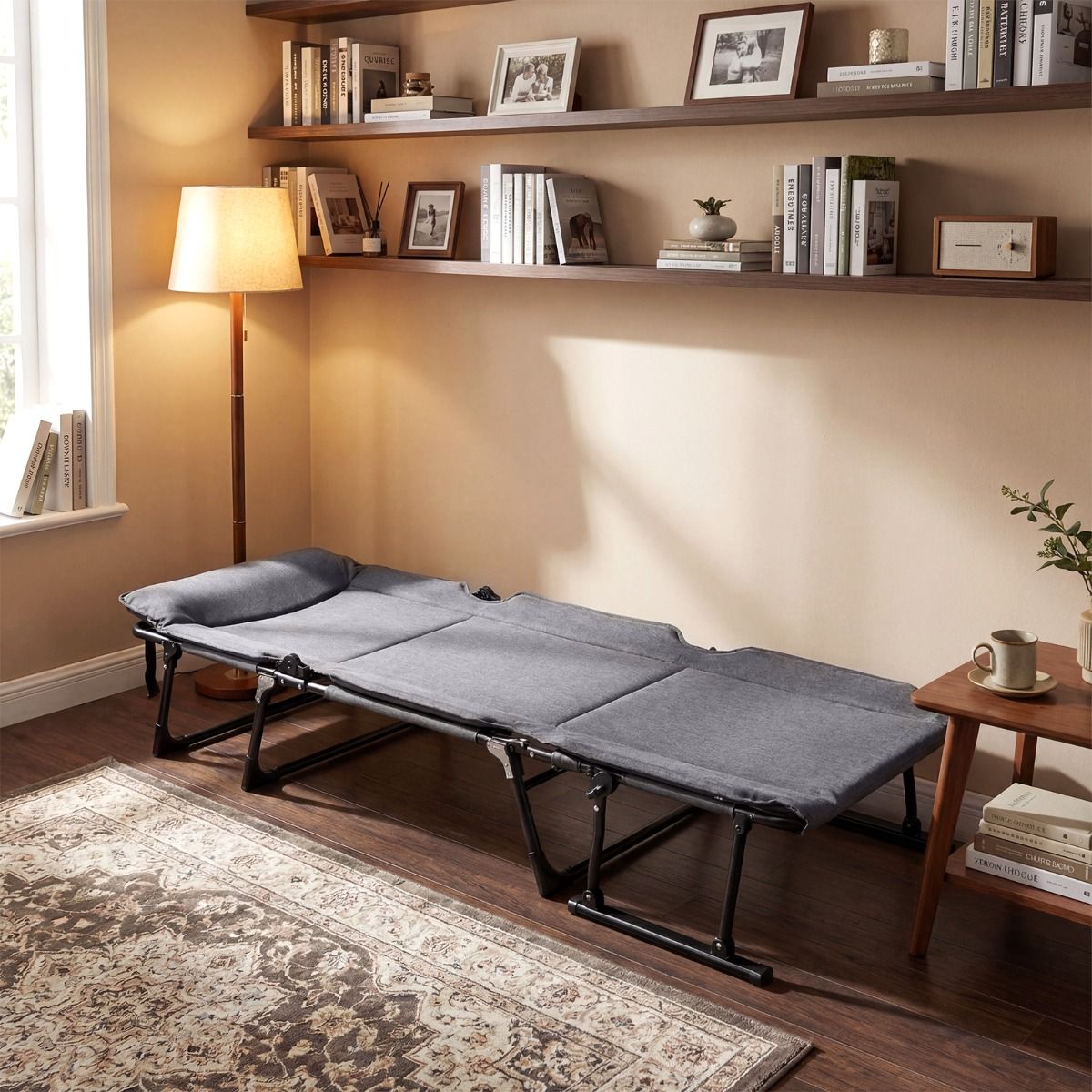 Lit de camping pliable Coast 3-en-1 – Chaise longue réglable – Avec appui-tête – Gris et noir