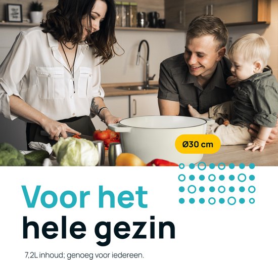 MOA Casserole en fonte - 7,2L - Pour toutes les sources de chaleur y compris l'induction - Avec couvercle - Ø 30cm - Revêtement antiadhésif - Blanc