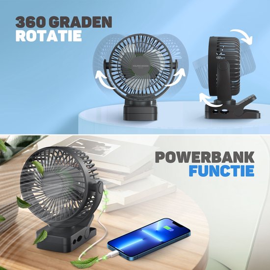 Vulpes Goods® Tech - Mini ventilateur USB PRO - Ventilateur de table rechargeable - Mini ventilateur silencieux avec télécommande - Ventilateur de poche - Petit, silencieux et sans bruit - 3 vitesses et éclairage - 12000 mAh et fonction Powerbank - Noir P