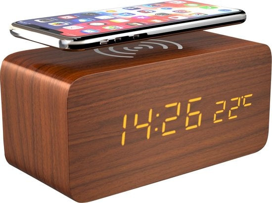 Gadgy Digitale Wekker met Draadloze Oplader - Houten Wekker met Eco Stand - Alarmklok met Temperatuur Datum en Tijd - Cadeau voor Vrouw en Man